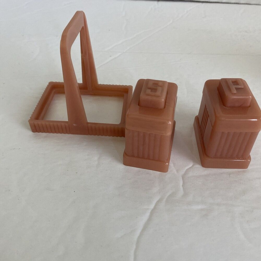 Vintage Art Deco Carvanite 3 Pc Salt Pepper Shaker Set Dusty Rose Box - Picture 4 of 16